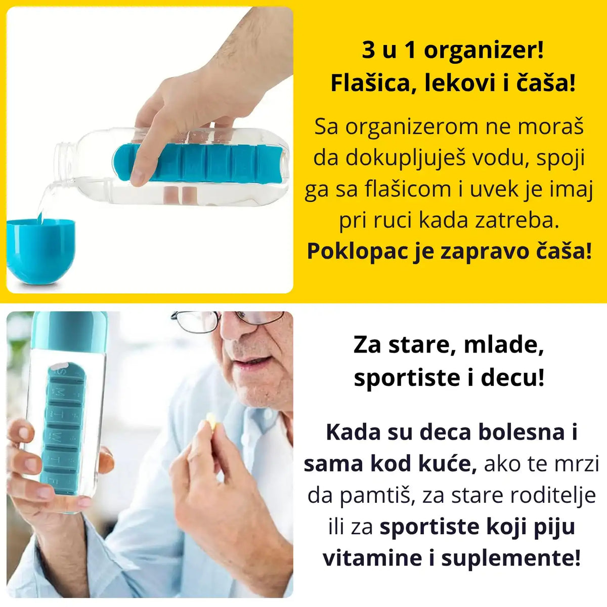Flašica sa organizerom za lekove 3u1