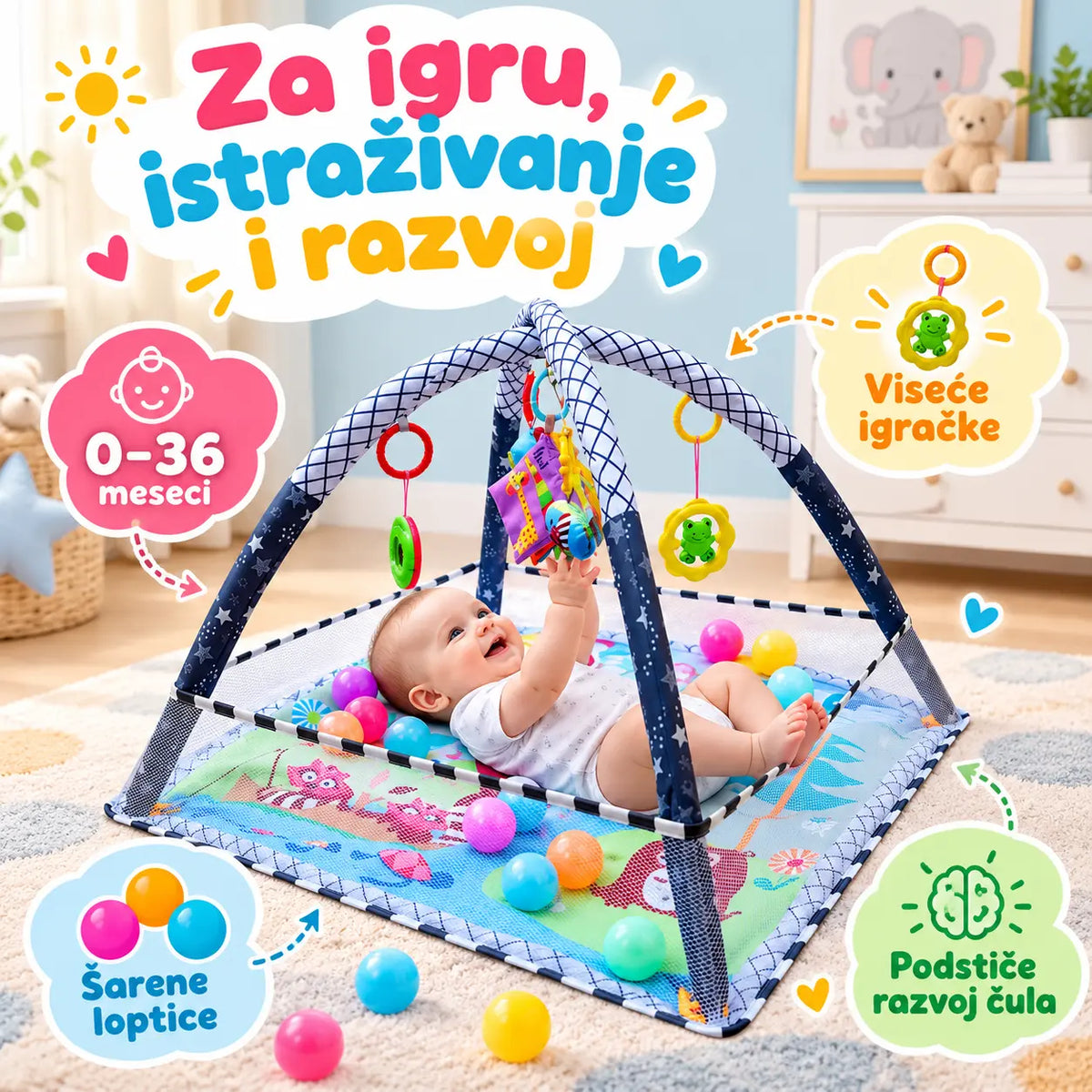 Beba se igra u igraonici sa lopticama