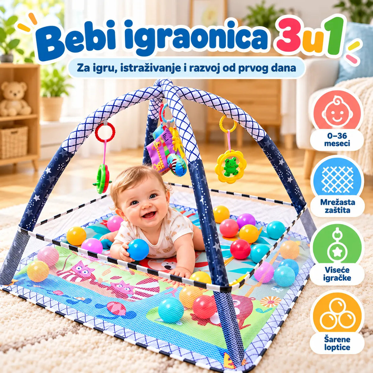 Igraonica Za Bebe 3u1 — Podloga, Gimnastika i Ogradica